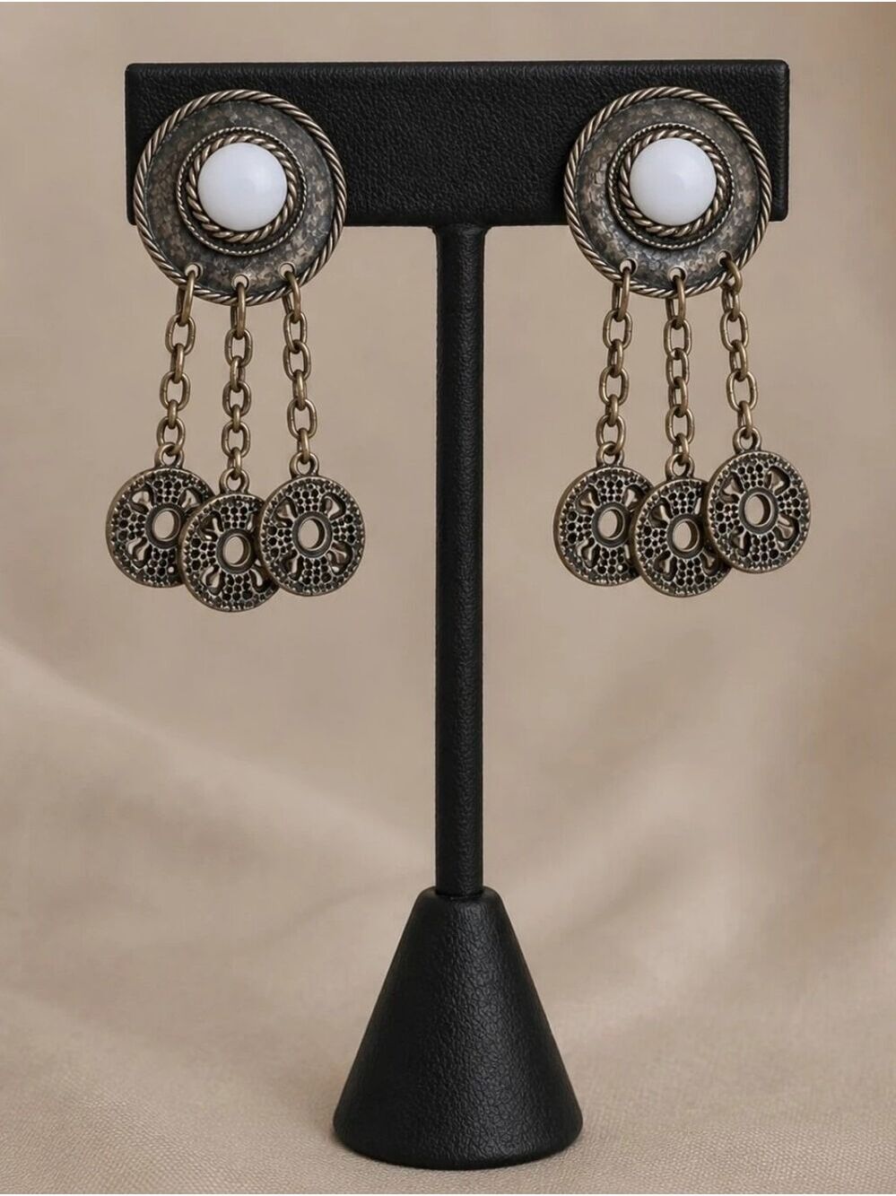 Vintage Bronze Tone Clip-On Dangle Earrings | Boho Medallion Design